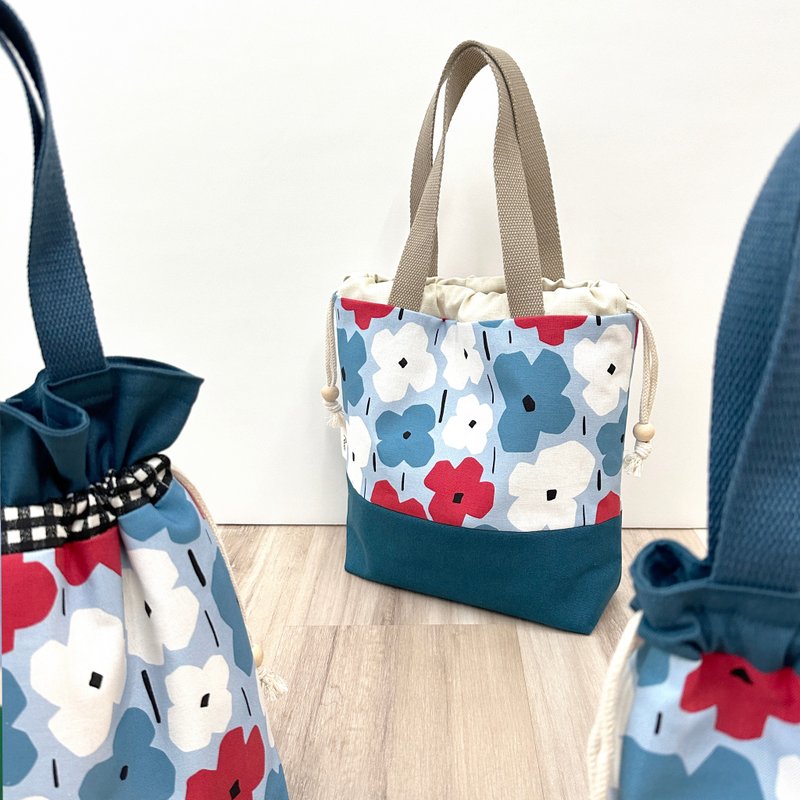 [River] Drawstring handbag (wide)/original design fabric/RiRiChun/Blue - Handbags & Totes - Cotton & Hemp Blue