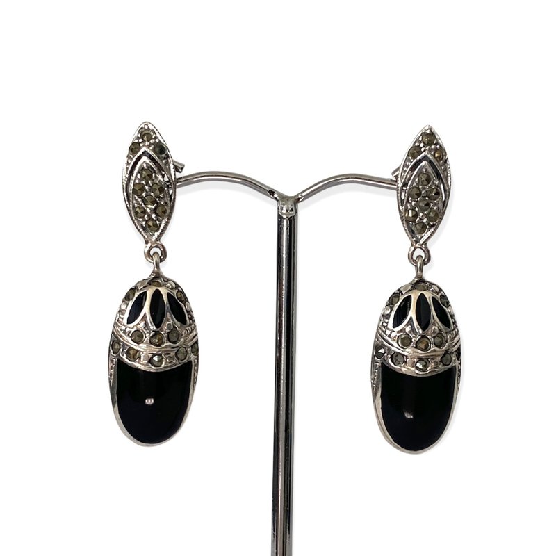 Art Deco Style Black Onyx with Marcasite Drop Earrings / Set 925 Sterling Silver - 耳環/耳夾/耳骨夾 - 純銀 黑色