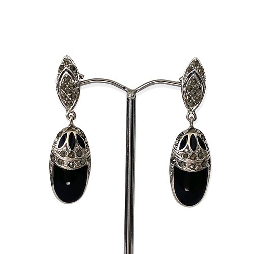 alisadesigns Art Deco Style Black Onyx with Marcasite Drop Earrings / Set 925 Sterling Silver