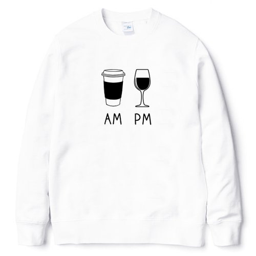 hipster COFFEE AM WINE PM 大學T 刷毛 中性版 白色 咖啡 酒 插畫 禮物