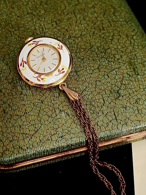 老時光製造所 vintage jewelry PACINE 白琺瑯花鳥機械錶 項鍊 1880元