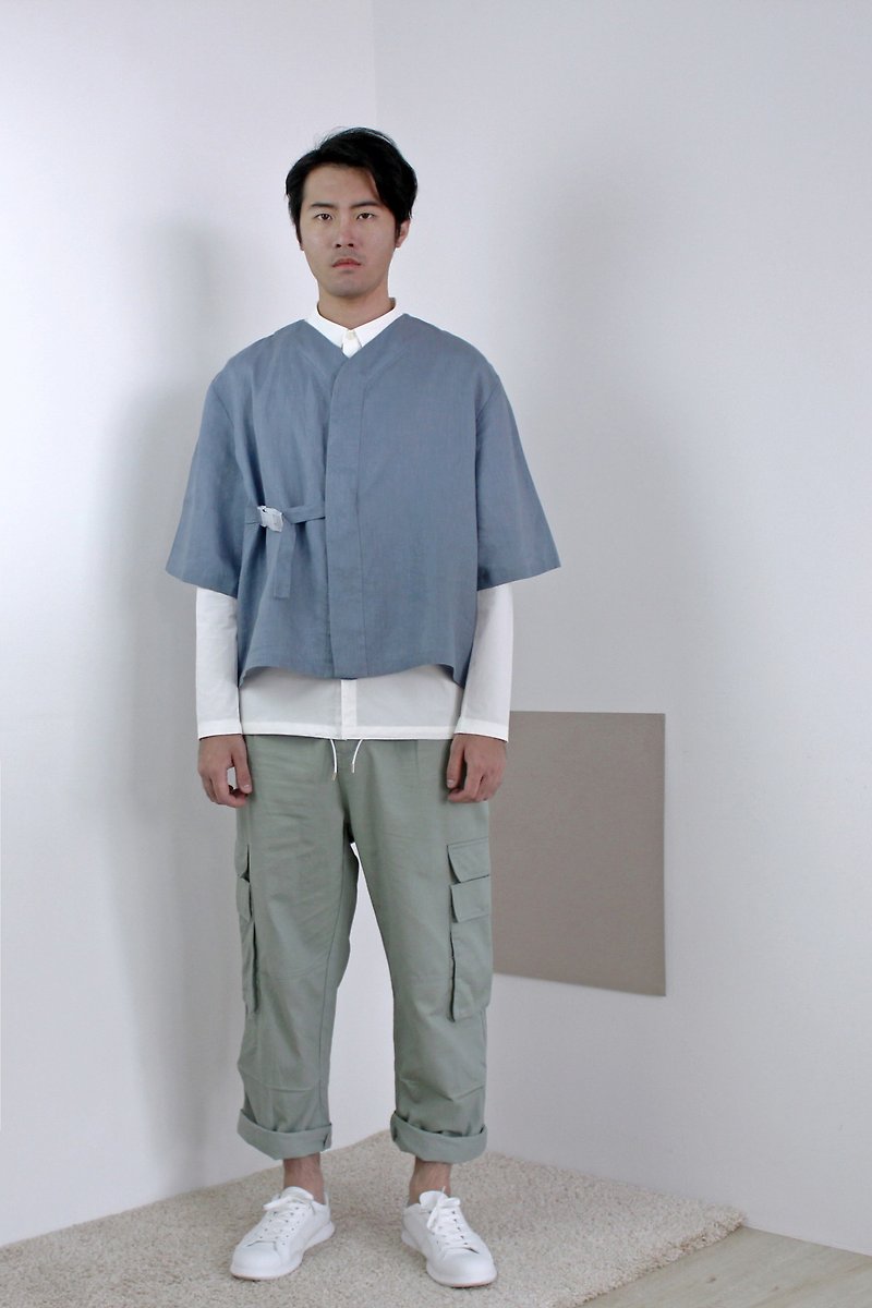 Shōto Linen Baseball Top - Steel Blue - เสื้อยืดผู้ชาย - ผ้าฝ้าย/ผ้าลินิน สีน้ำเงิน