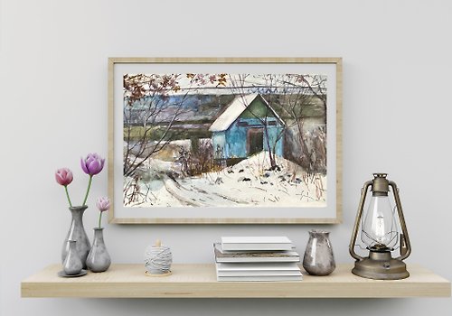 ArtLizzi 冬季森林中的晨景原畫水彩藝術牆藝術品