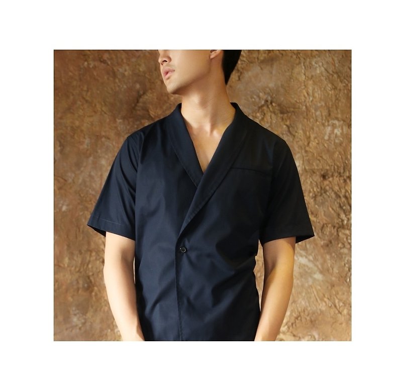 Draping button - up shirt  color: Navy  material : cotton fabric price: 990 THB  - Men's T-Shirts & Tops - Cotton & Hemp Blue