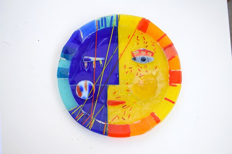 Decorative fused glass plates Sun and moon - Sun and moon wall decor - 壁貼/牆壁裝飾 - 玻璃 黃色