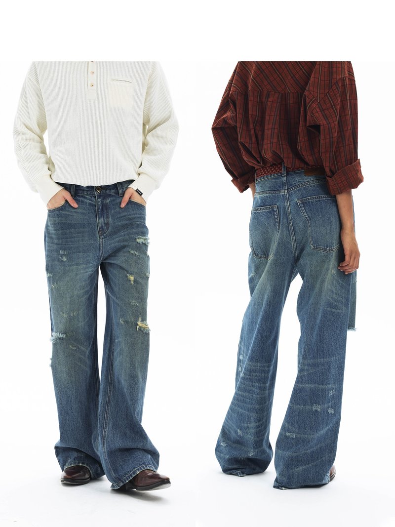 New Vintage washed distressed multiple worn holes loose casual denim trousers Unvesno (UN) - กางเกงขายาว - วัสดุอื่นๆ 