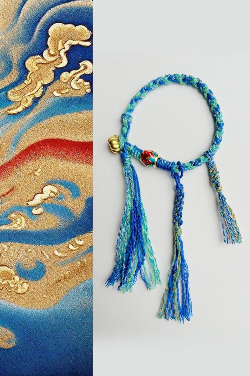 Spring and Autumn Original | Bird Feather | Enamel Color Sand Gold Fully Hand-woven Kumihimo| Tibetan Auspicious Bracelet - Bracelets - Cotton & Hemp Blue