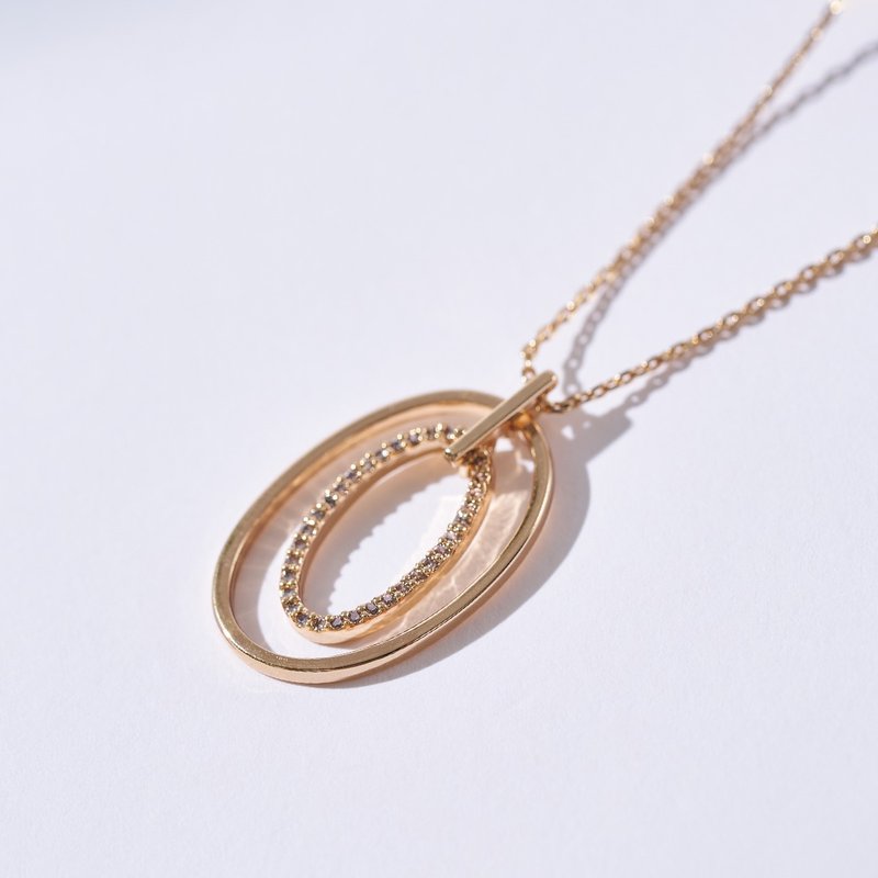 Oval double ring micropaved Stone necklace (three colors in total) - สร้อยคอ - ทองแดงทองเหลือง สีทอง