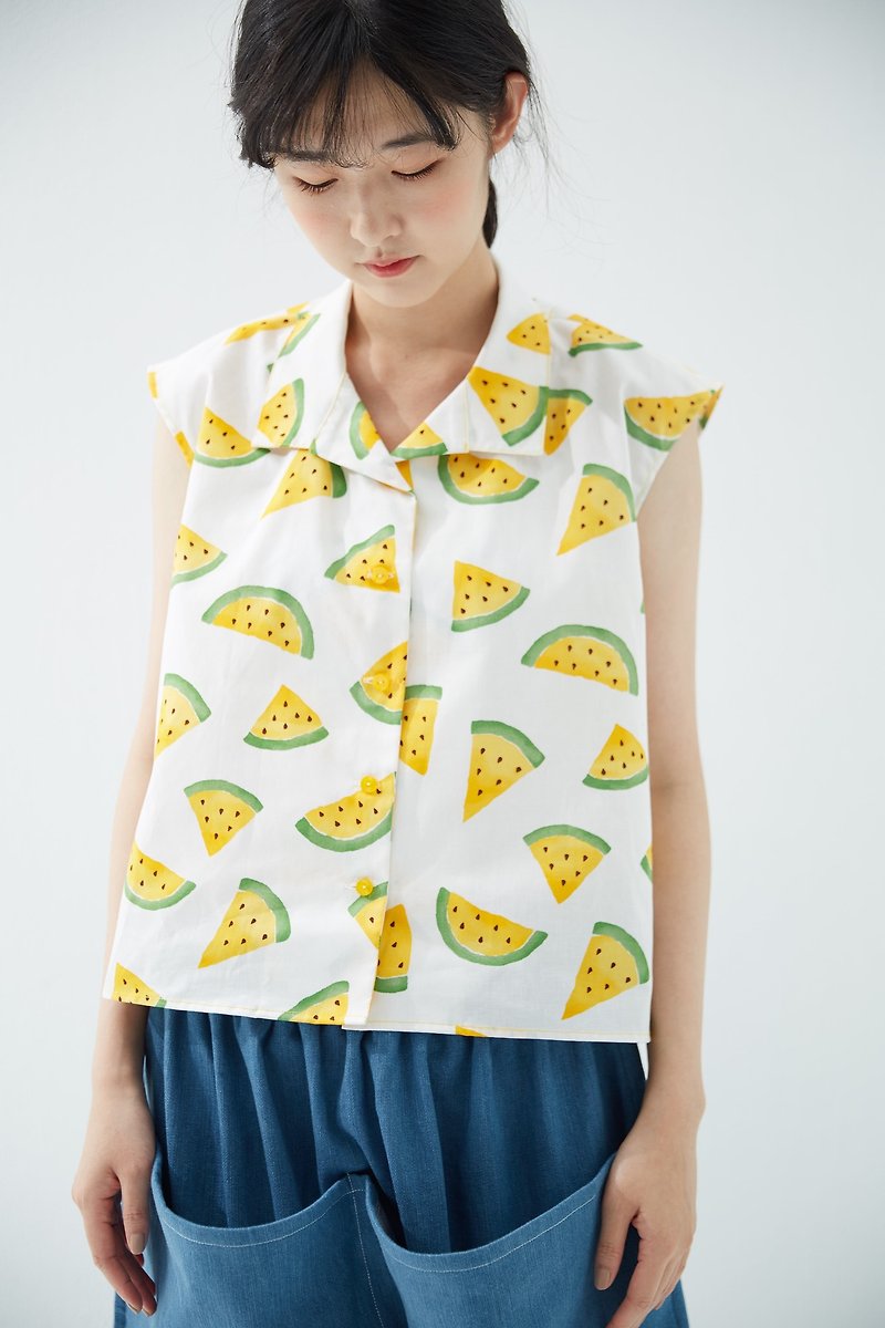 Xiaoyu Watermelon Flat Collar Sleeve Short Top The last piece of standard size stock can add sleeves, please private message - เสื้อผู้หญิง - ผ้าฝ้าย/ผ้าลินิน สีเหลือง