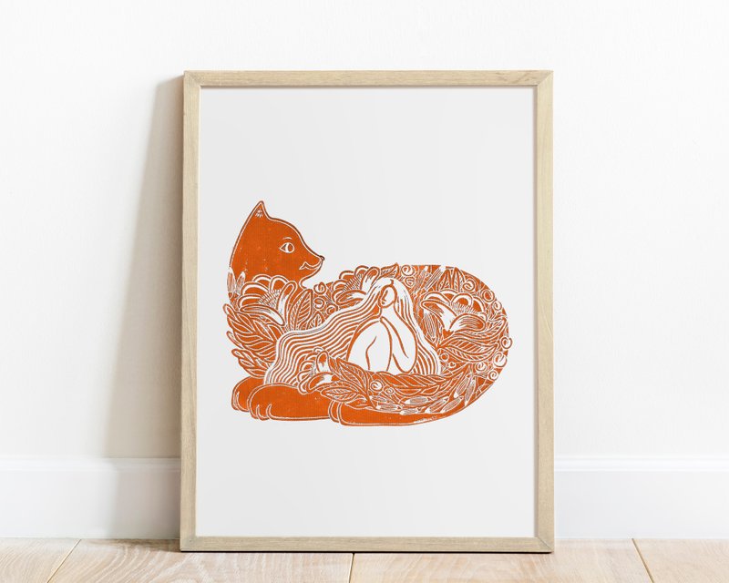 Terracotta cute botanical cat with female flowers Linocut print Original artwork - โปสเตอร์ - กระดาษ สีส้ม