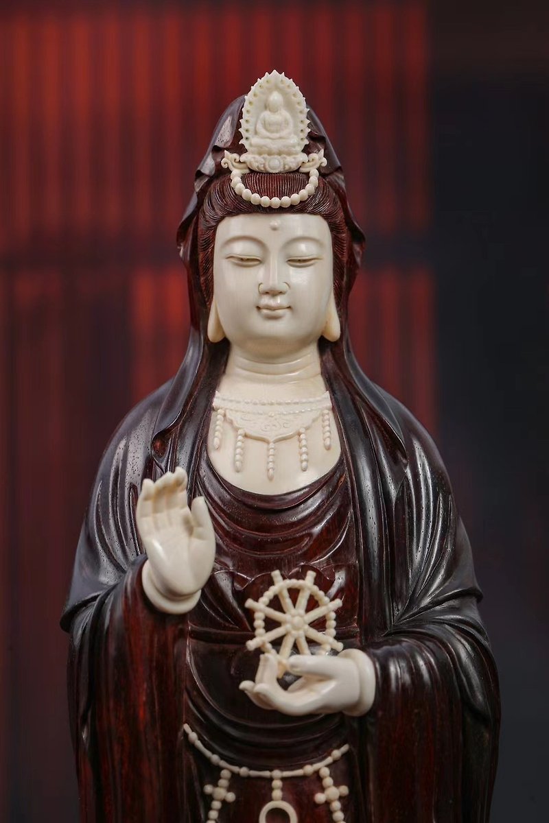 Wood Other - Nanhai Guanyin small-leaf red sandalwood inlaid with 5A mammoth teeth in light yellow or milky white with full grain