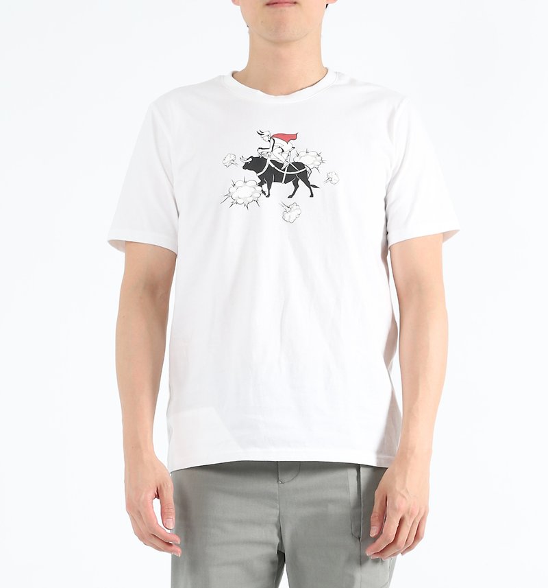 狂牛症 - 牛騎士印花Tee (白) - 中性衛衣/T 恤 - 棉．麻 白色