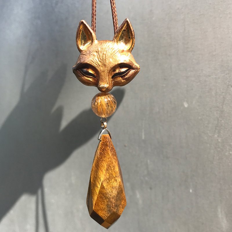 【Lost and find】 natural tiger eye stone small fox necklace - Necklaces - Gemstone Brown