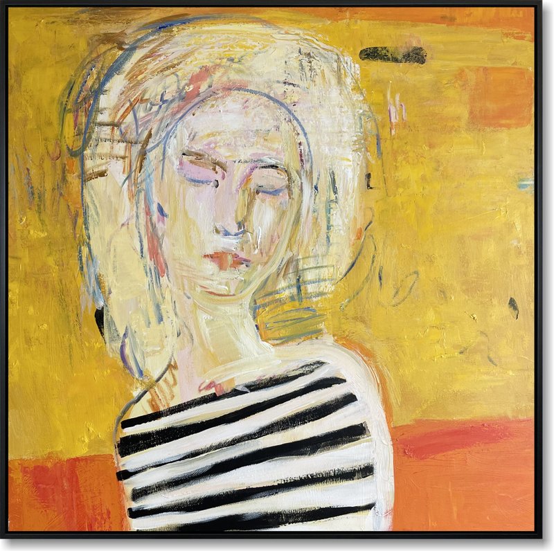 Abstract Female Portrait Painting Minimalist Expressionist Art Yellow and Orange - ตกแต่งผนัง - อะคริลิค สีเหลือง