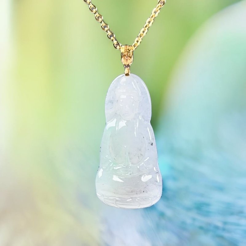 [Mother's Day Special] Ice Floating Flower Jade Guanyin Bodhisattva Necklace 18K Gold Pendant | Natural Burmese Jade - Necklaces - Jade Transparent