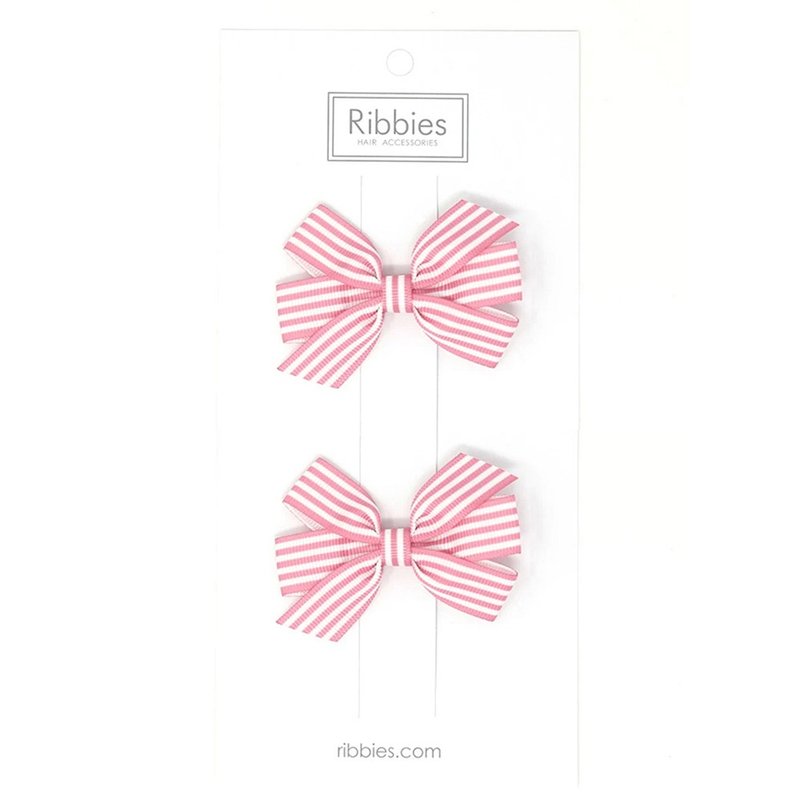 英國Ribbies 條紋中蝴蝶結2入組-粉紅 - 髮夾/髮圈 - 聚酯纖維 