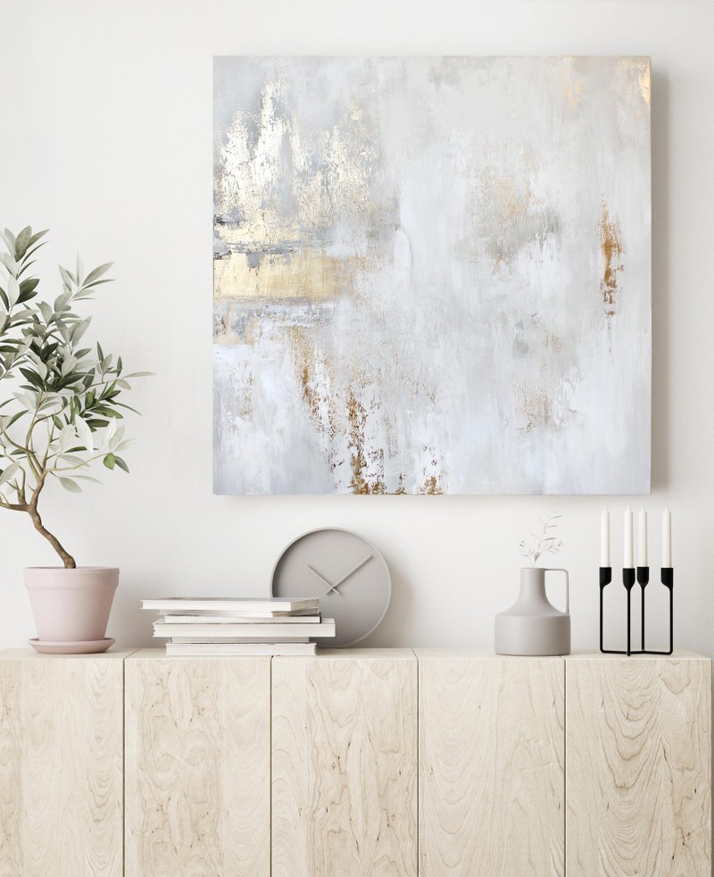 White Gold Painting |  White Gold Abstract | White Gold Wall Art | Cascade 6 - 壁貼/牆壁裝飾 - 棉．麻 金色