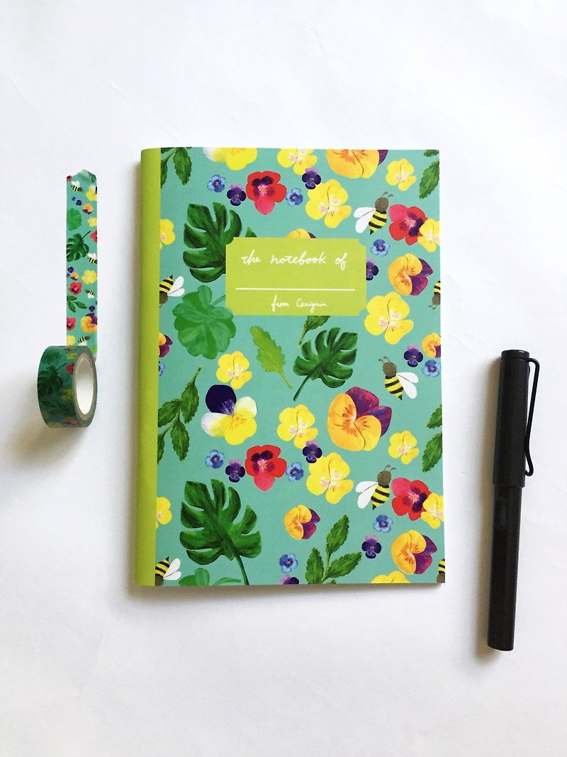 三色堇與蜜蜂 熱帶雨林葉子與花朵 筆記本 內頁網格 A5筆記本 - 筆記本/手帳 - 紙 綠色