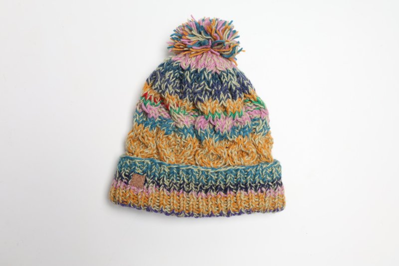 粉黃毛球雜線翻邊純羊毛線手工編織全襯防風毛帽|交換禮物|聖誕節 - 帽子 - 羊毛 黃色