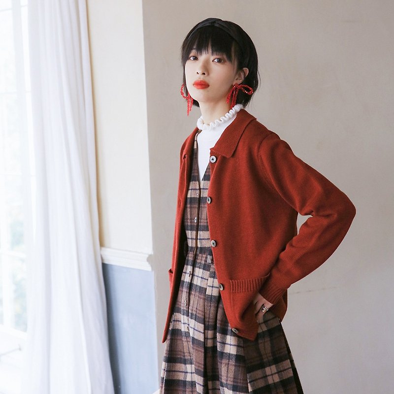 日系復古小眾短款開衫-波爾多紅|毛衣|冬款|羊毛混紡|Sora-417 - 毛衣/針織衫 - 羊毛 紅色