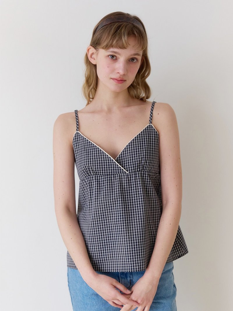 Uze check blouse_ Navy - 背心/無袖上衣 - 棉．麻 藍色