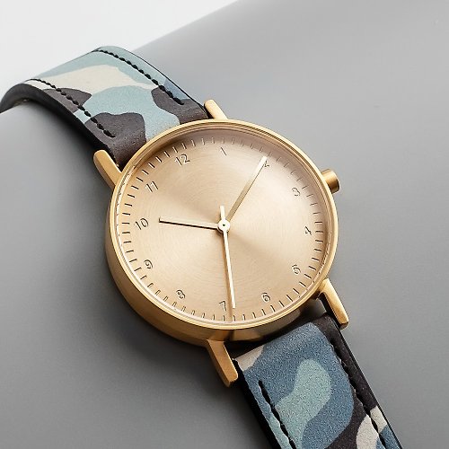 BIJOUONE BIJOUONE彼樹灣 B60系列 金色表殼 金色表盤 迷彩藍色皮帶手錶