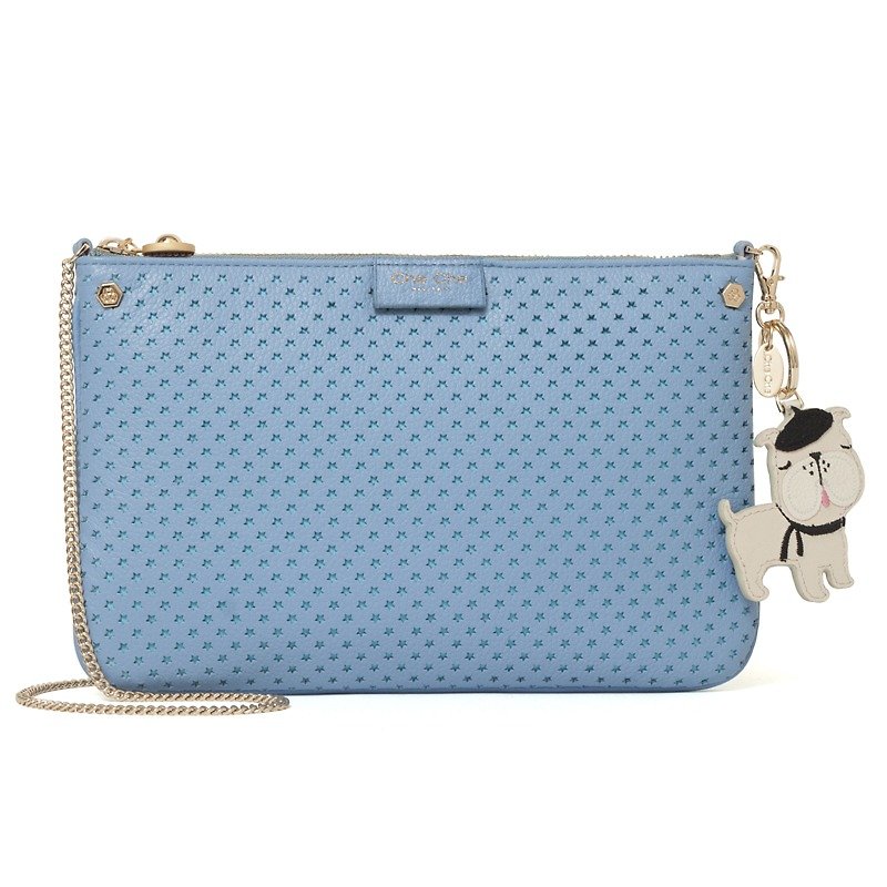 French Bulldog Perforated Leather Crossbody Bag - กระเป๋าแมสเซนเจอร์ - หนังแท้ สีน้ำเงิน