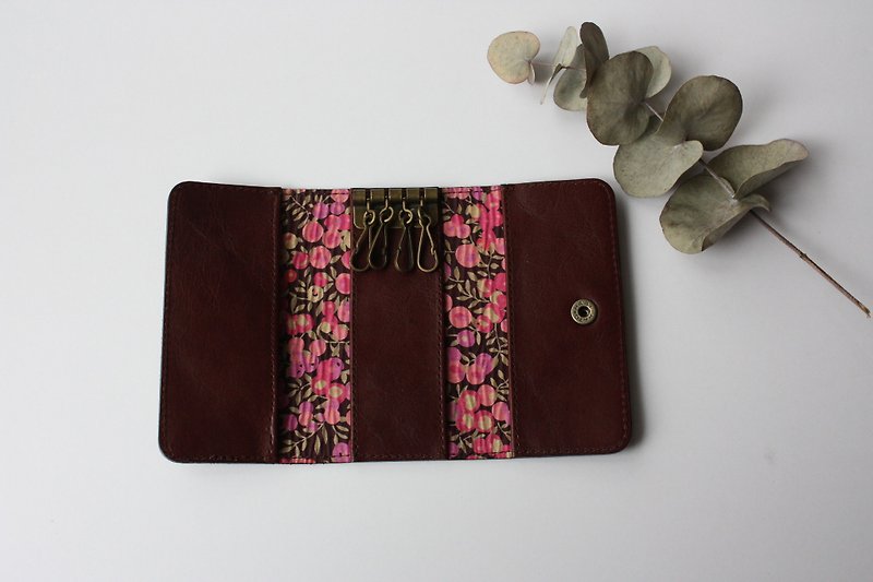 Genuine cow leather and Liberty print key case Brown - Toiletry Bags & Pouches - Genuine Leather Brown