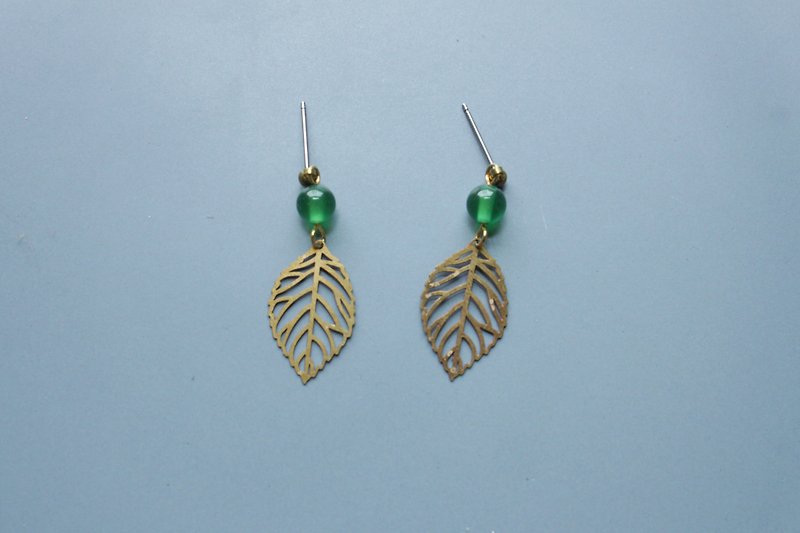 │ leaves │ earrings - green agate - ต่างหู - โลหะ สีเขียว