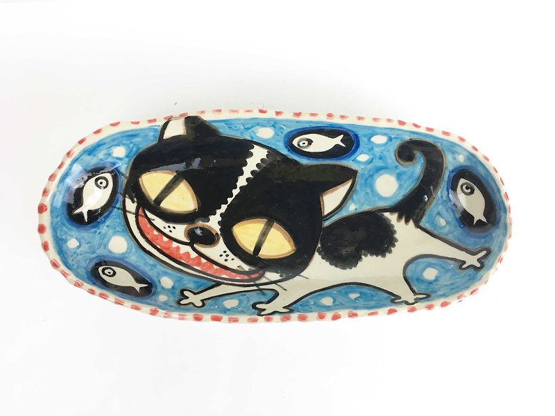 [Chouqing Value Deals] Nice Little Clay Handmade Six-legged Happy Cat 0305-07 - Plates & Trays - Pottery Blue