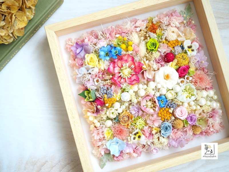 カラフルフラワーズ_プリザーブドフラワーとドライフラワーのパールラインボックスフレーム30角サイズ ohanabako-30 - 乾燥花/永生花 - 植物．花 多色