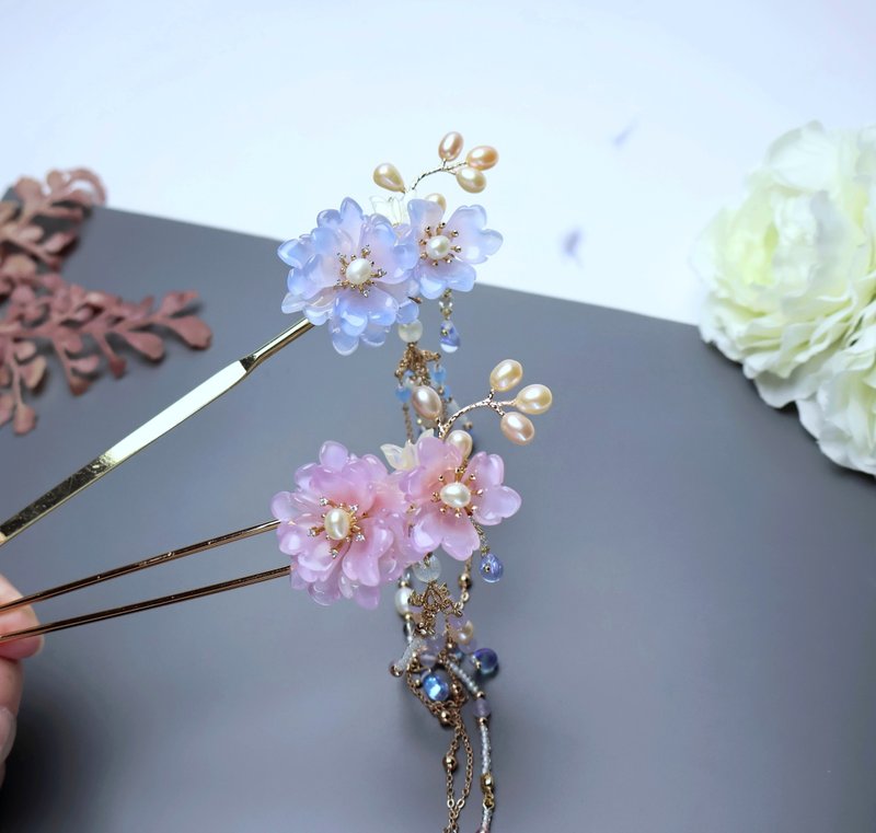 檸檬手作髮飾 松葉牡丹髮簪 (粉紫、藍兩色 流蘇可拆) - 髮夾/髮圈 - 琉璃 粉紅色