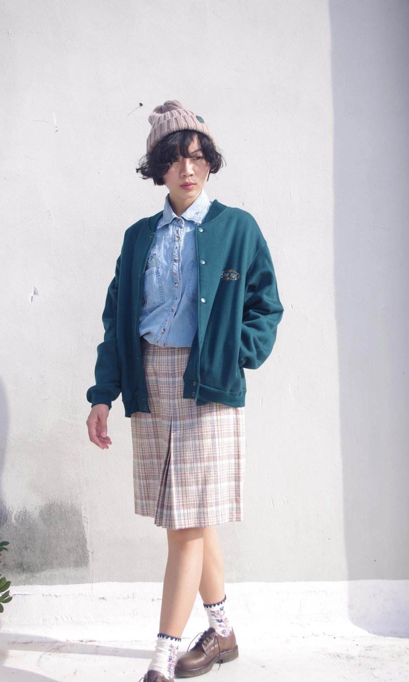 4.5studio- Geocaching vintage - retro green baseball jacket embroidered College Wind - เสื้อแจ็คเก็ต - วัสดุอื่นๆ สีเขียว