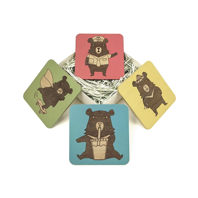 Customized Set of 4 Wooden Magnetic Taiwan Black Bear Coasters for Glasses, Cups - ที่รองแก้ว - ไม้ หลากหลายสี