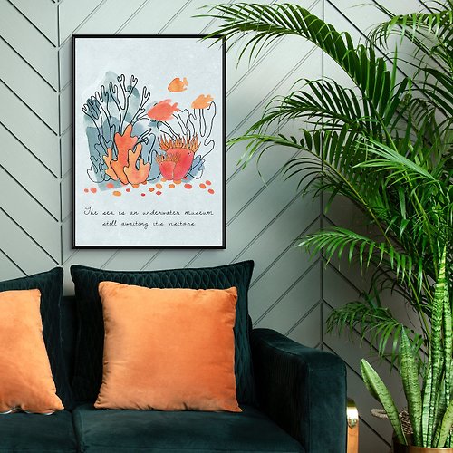 菠蘿選畫所 珊瑚與魚群III - 手繪珊瑚魚掛畫/水彩海洋掛畫/兒童房裝飾