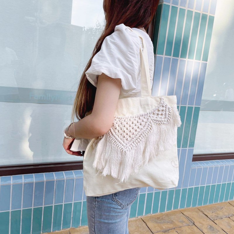Macrame帆布包【Macrame Tote Bag Canvas】米色橫款 - 手提包/手提袋 - 棉．麻 多色