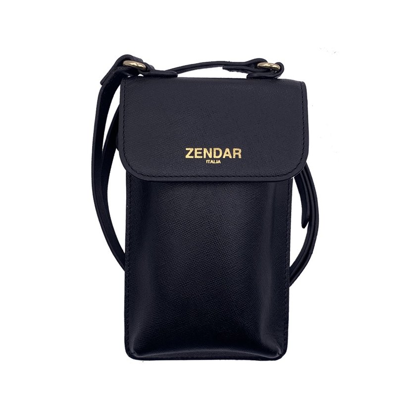 ZENDAR 限量1折 頂級小牛皮十字紋手機包 全新專櫃展示品 - 側背包/斜背包 - 真皮 黑色