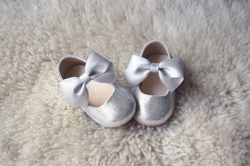 Silver Mary Jane Shoes with Ribbon Bow, Baby Girl Shoes, Toddler Girl Shoes - Kids' Shoes - Genuine Leather Silver