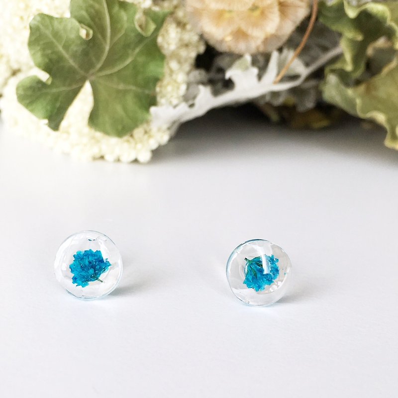 Stud earrings for pierced ears contained blue babys breath (10mm) - 耳環/耳夾 - 其他材質 藍色