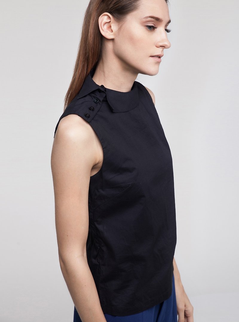 Black Side Collar Sleeveless Top (100% Japanese Cotton)
