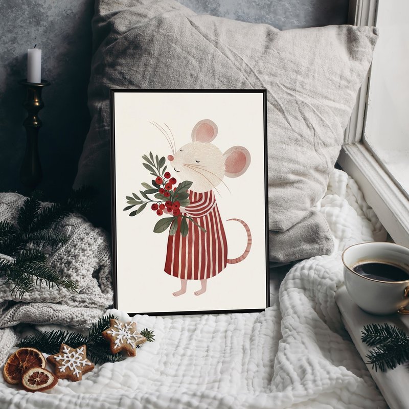The Little Mouse s Festive Bouquet - Wall Prints, Christmas gift - โปสเตอร์ - ผ้าฝ้าย/ผ้าลินิน สีแดง