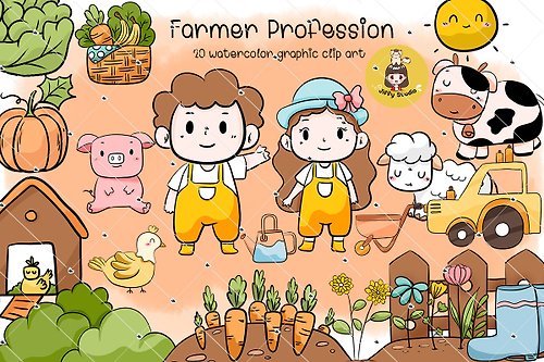 jiffystudio Cartoon Farm life clipart set. Collection of farm animals, farmers and items