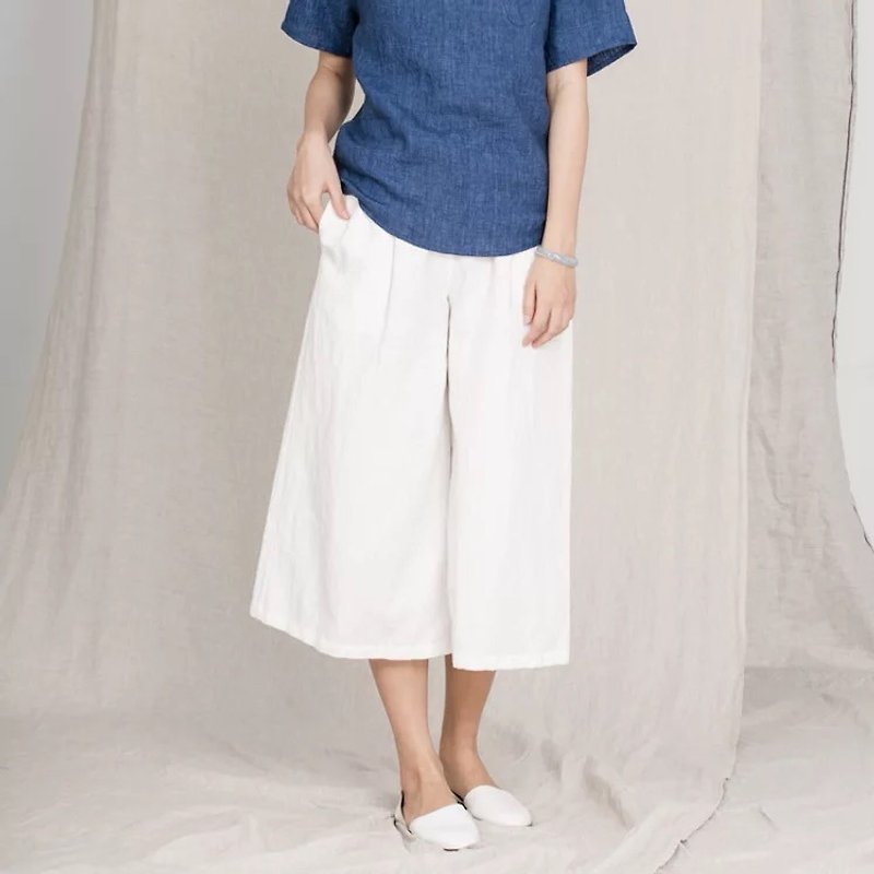 BUFU Chinese-style linen wide cropped pants   P151202 - กี่เพ้า - ผ้าฝ้าย/ผ้าลินิน ขาว