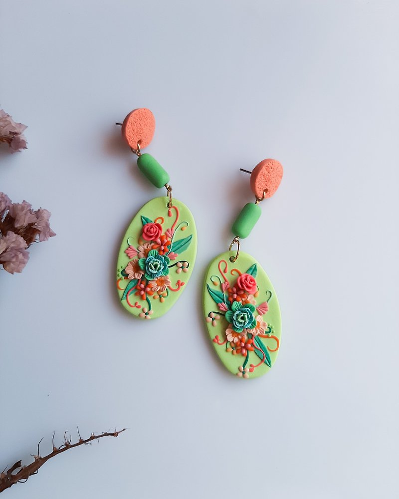 Green floral boquet earrings Unique handmade earrings Neon flowers earrings - Earrings & Clip-ons - Pottery Green