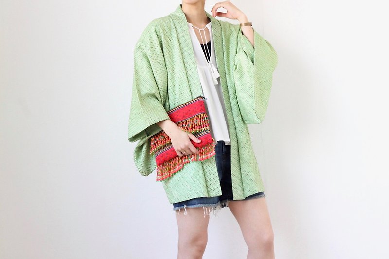 green SHIBORI kimono, Japanese shibori, festival kimono /4101 - 外套/大衣 - 絲．絹 綠色