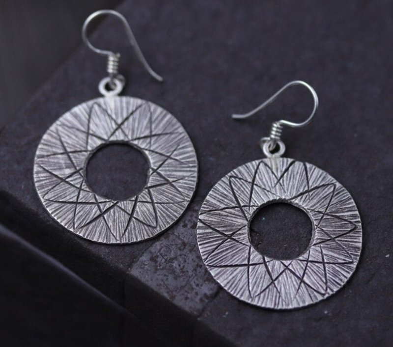 Real S 925 Vulcanized Silver Hollow Round Dangle Earrings Women Retro Ethnic - ต่างหู - เงินแท้ สีเงิน