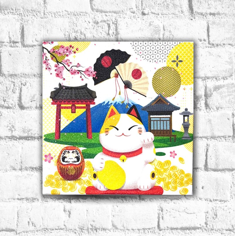 Die Gubat hanging painting 16*16 cm-Lucky Cat (collage handmade finished product) | wall decoration - Wall Décor - Wood 