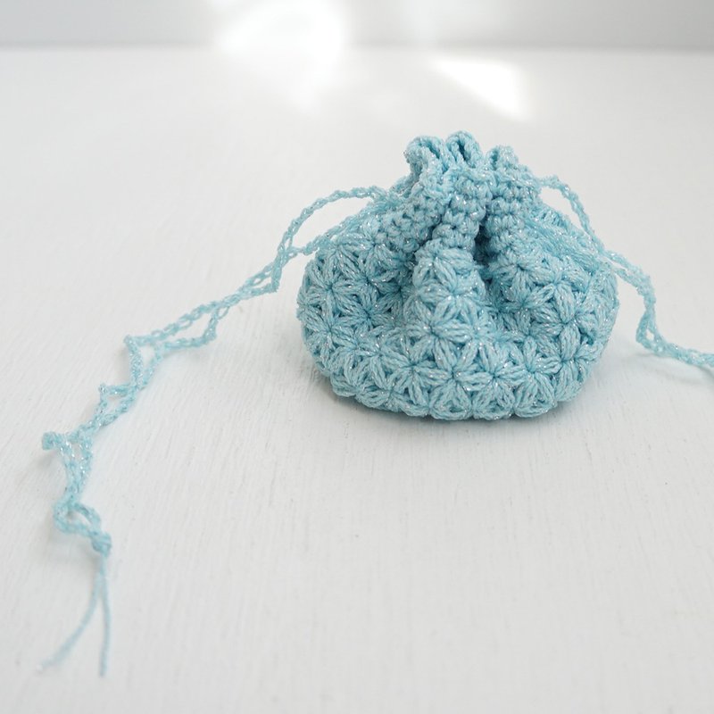 Ba-ba handmade  Crochet Drawstring mini-bag with string  No.KPPRH2 - 化妝包/收納袋 - 其他材質 藍色
