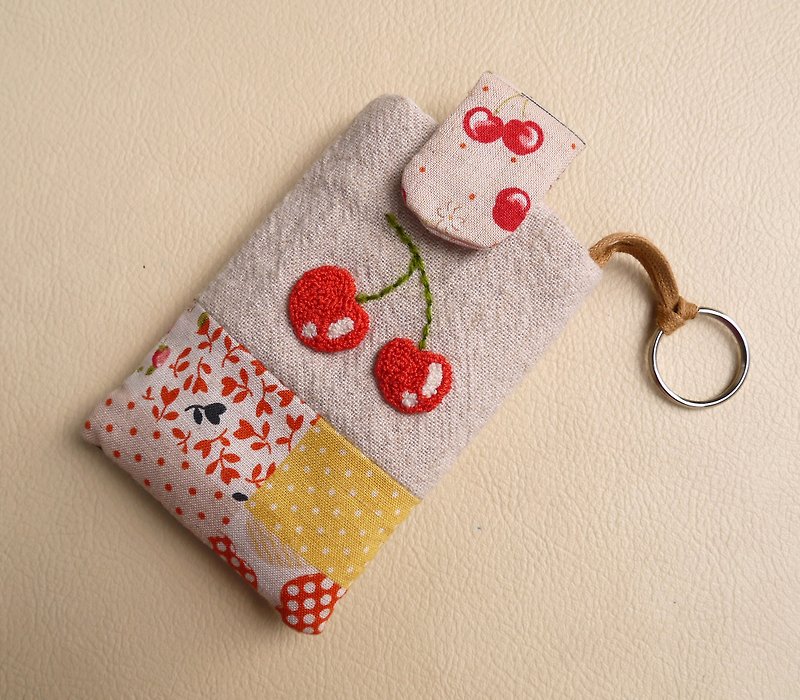 Cherry embroidery key square bag cute admission - ที่ห้อยกุญแจ - ผ้าฝ้าย/ผ้าลินิน 