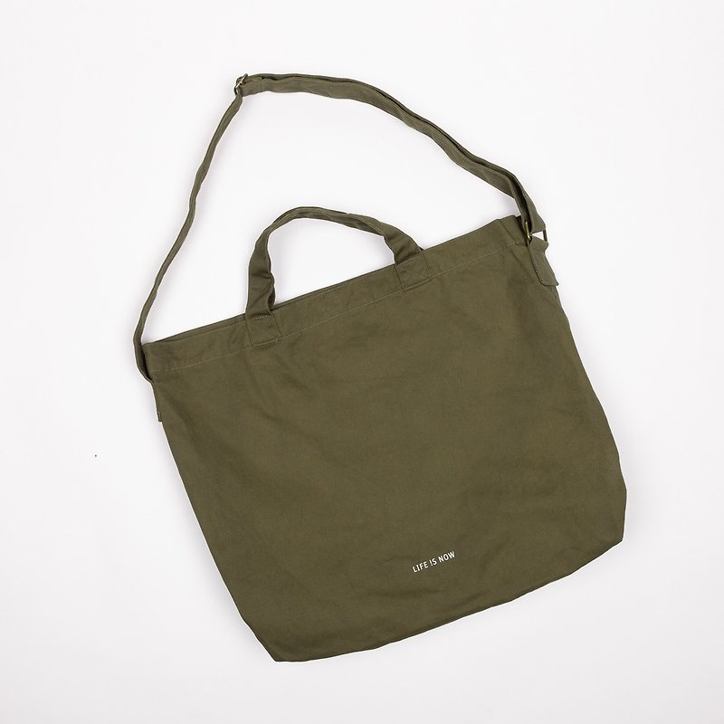  【ad-lib】Message Print Tote Bag - Olive (TB151) - Messenger Bags & Sling Bags - Cotton & Hemp Green